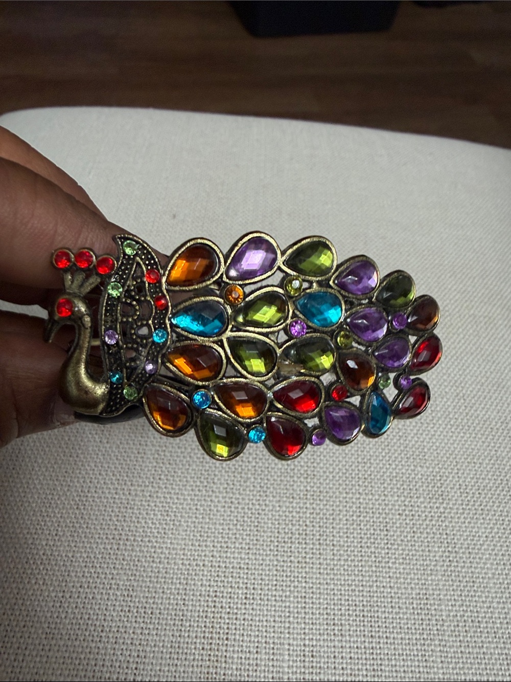 Vintage Handmade Bangle Multi Color Rhinestone Peacock Hinged Cuff Bracelet